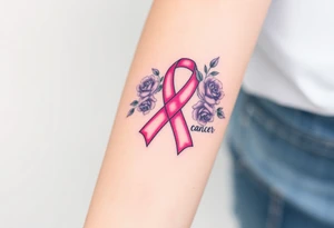 Pretty pink Cancer ribbon that says "fuck cancer"with purple roses tattoo idea
