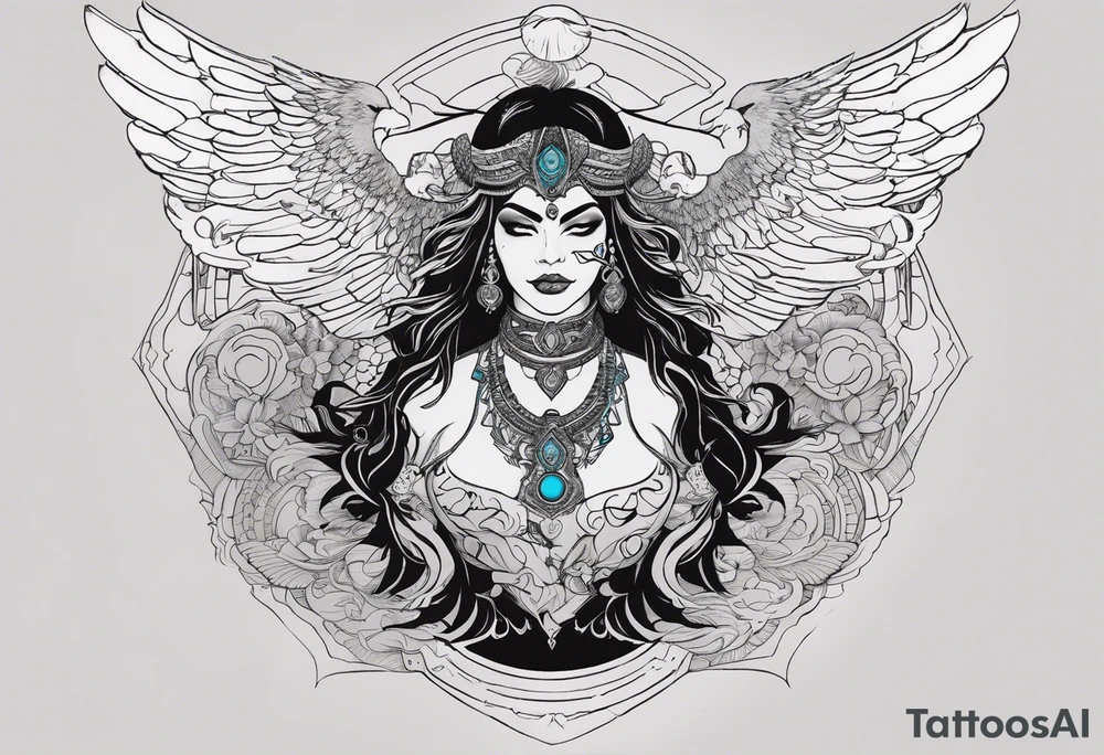 black kali, goddess pirate, alien, angel, pachamama, valkrye, warrior, flying, skull, lotus azul, wing, eagle, zenza resonance, stars, 5D, anahata chakra, death, durga, riding on a tiger, flying lady, chest tatoo tattoo idea