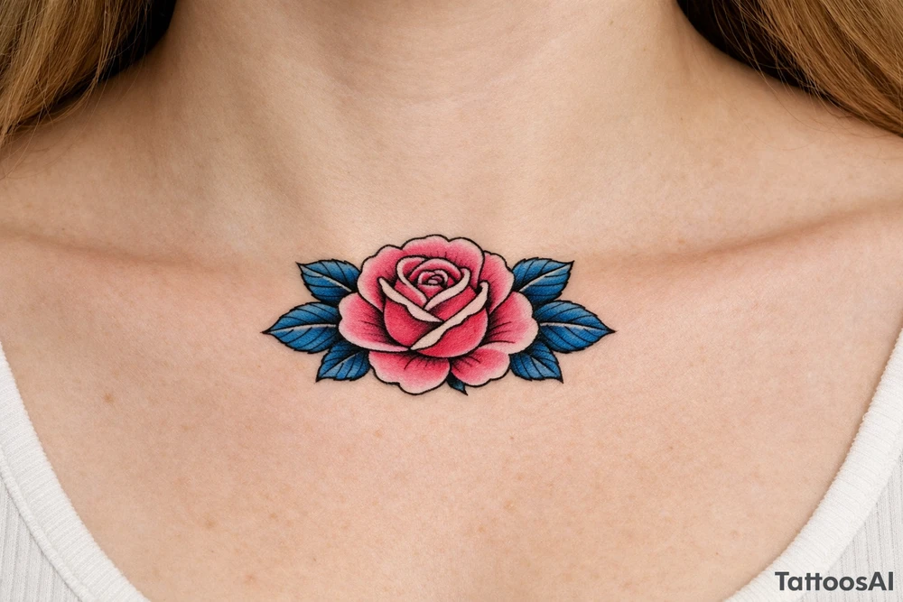 Pink rose , blue leaves no stem tattoo idea