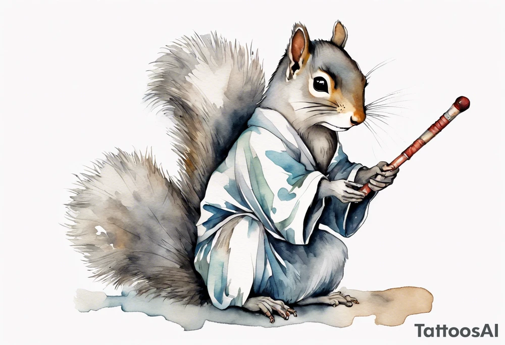 a sad grey squirrel dressed in a tunic holding a large silver stick tattoo idea