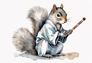 a sad grey squirrel dressed in a tunic holding a large silver stick tattoo idea