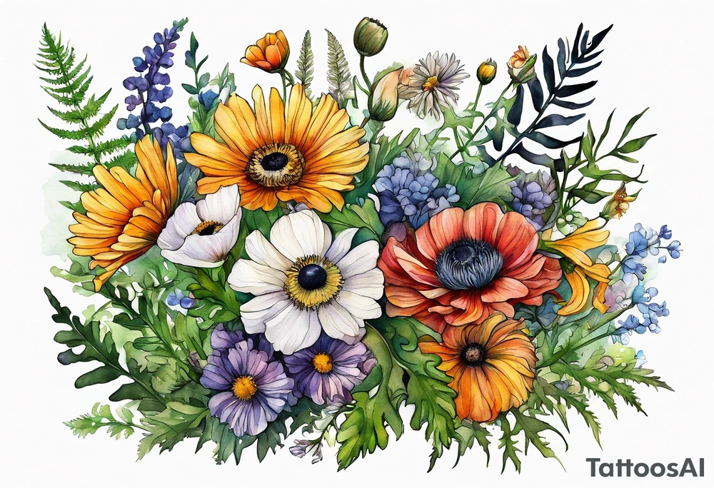 wildflowers with thistles, ferns, ranuculus, white anemones with black center, sun flowers, mixed color flowers all in watercolor tattoo idea
