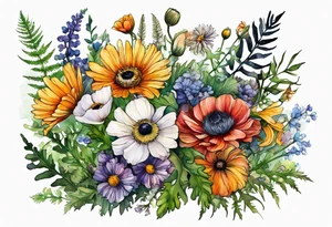 wildflowers with thistles, ferns, ranuculus, white anemones with black center, sun flowers, mixed color flowers all in watercolor tattoo idea