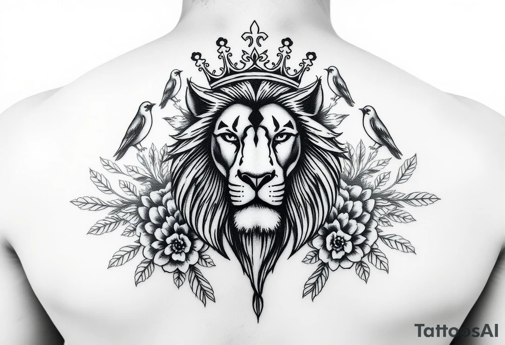 powerful majestic lion with a crown, surrounded by floral ornaments and birds tattoo idea
