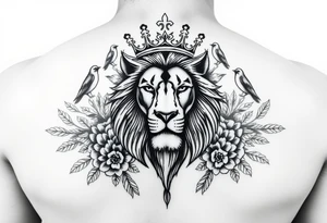 powerful majestic lion with a crown, surrounded by floral ornaments and birds tattoo idea