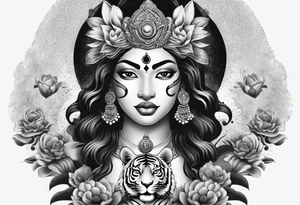 durga goddess, riding a tiger, kali, pirate, pachamama, chest tatoo, lotus, piarte tattoo idea