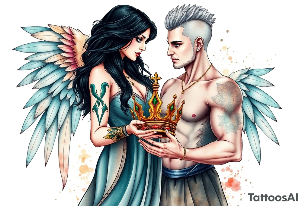 A Scorpio gypsy woman with wings like an angel and long black hair and green eyes holding a kings crown in her hands putting it on a tall man with silver short faux hawk hair and blue eyes. She is wearing a long flowing dress tattoo idea