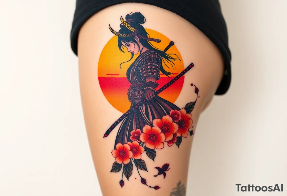 noble female samurai warrior silhouette at sunset with flowers, yellows and reds tattoo idea
