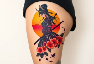 noble female samurai warrior silhouette at sunset with flowers, yellows and reds tattoo idea