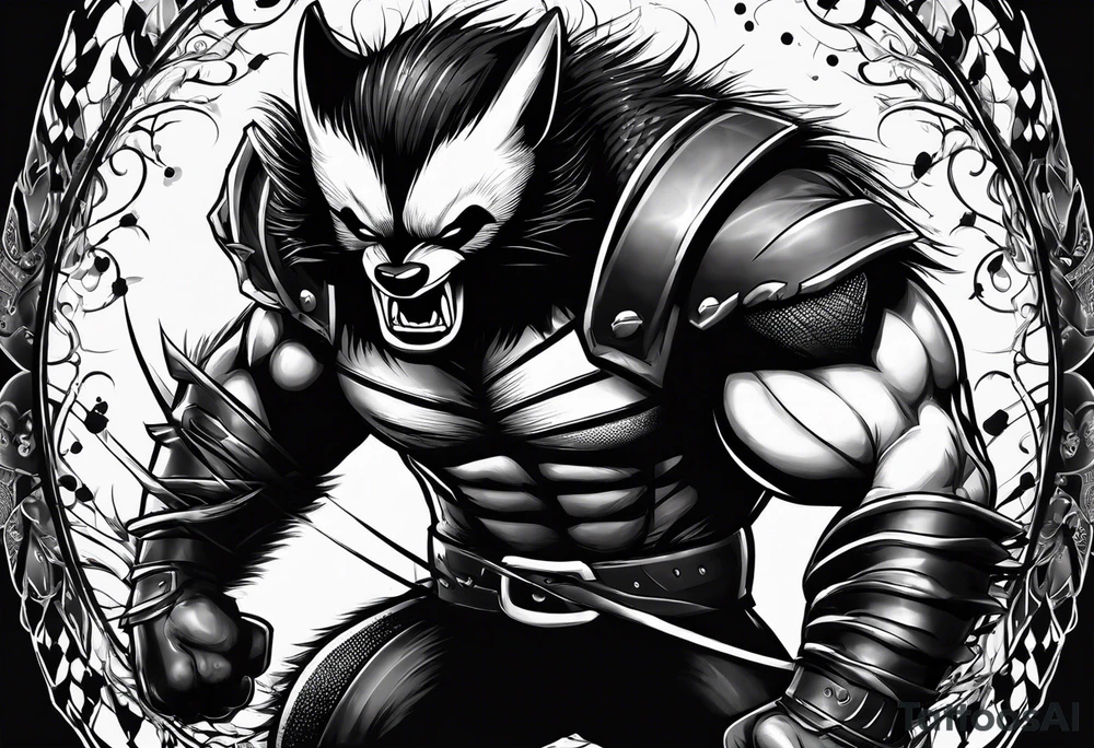 Draw me badger/wolverine with aggressive full body show, killer face with cute smile, very long nails and he attacks like a gladiator to enemy and also he has very deadly looking tattoo idea