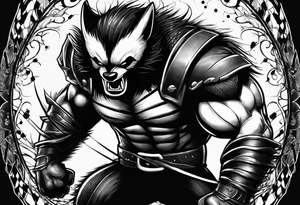 Draw me badger/wolverine with aggressive full body show, killer face with cute smile, very long nails and he attacks like a gladiator to enemy and also he has very deadly looking tattoo idea