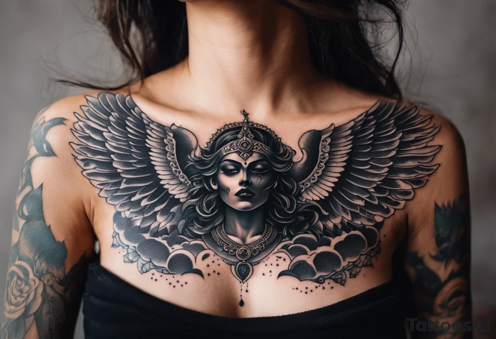 black kali, goddess pirate, alien, angel, pachamama, valkrye, warrior, flying, skull, lotus azul, wing, eagle, zenza resonance, stars, 5D, anahata chakra, death, durga, riding on a tiger, flying lady, kundalini, chest tatoo, rebel tattoo idea
