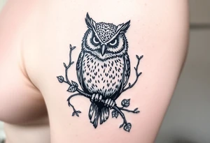 wise owl perched on branch with vine crawling and wrapping around the owl to where you can only see owls one eye peeking through tattoo idea