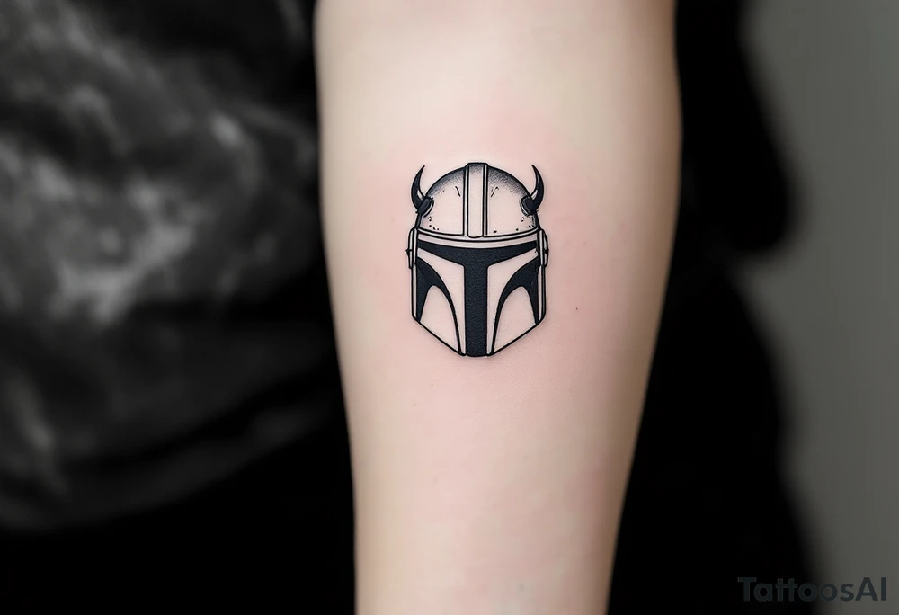 Custom Mandalorian helmet with small horns tattoo idea