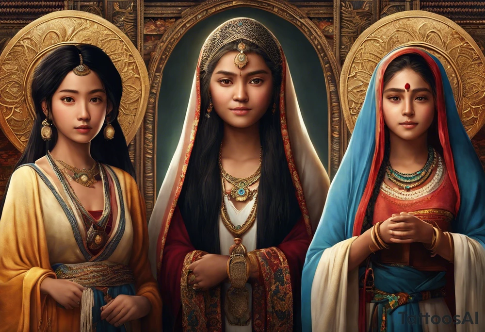 3 female people standing next to each other. The one on the left is a young girl, the one in the middle is a mature woman, the one on the right is a very old woman. They are looking forward.
There are 3 weavers. They symbolize the moirs, old goddesses of destiny. tattoo idea