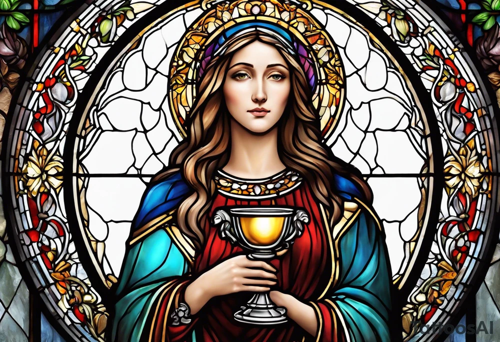 holy saint woman with halo stained glass holding a chalice tattoo idea