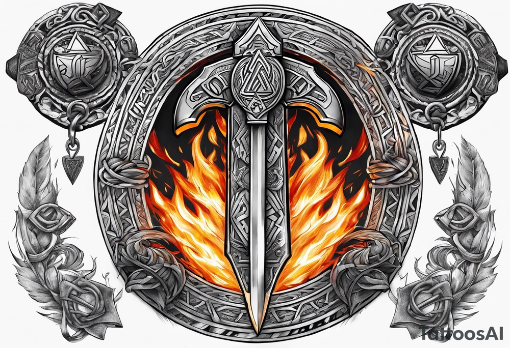 Valhalla sword round axe Valknut steps fire chains tattoo idea Valhalla sword round axe Valknut steps fire chains tattoo idea