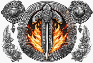 Valhalla sword round  axe Valknut steps fire chains tattoo idea