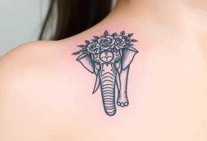 ornate mandala elephant adorned with crown of wild roses and thorns tattoo idea