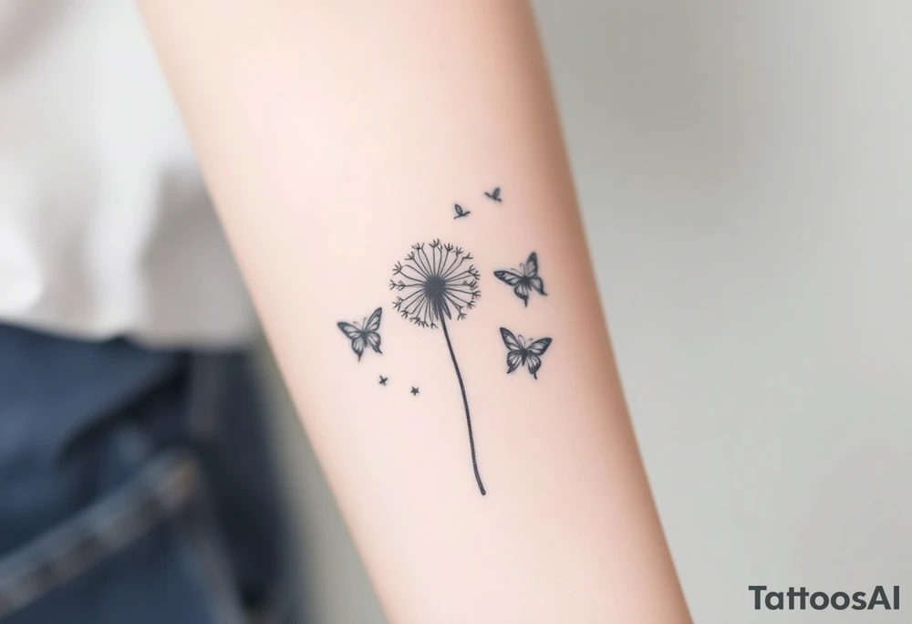 a dandelion and two (2) minimalistic butterflies flying around it tattoo idea