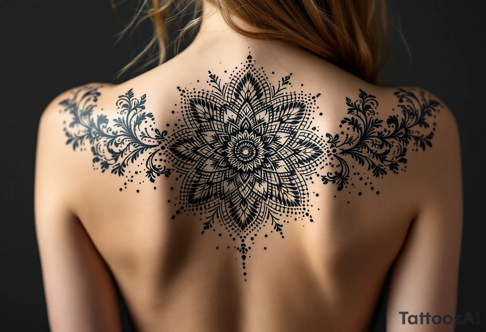 full back tattoo design with symmetrical ornamental patterns, combining dotwork, mandala elements, and flowing lines that follow the natural curves of the body. The design is intricate and balanced.” tattoo idea