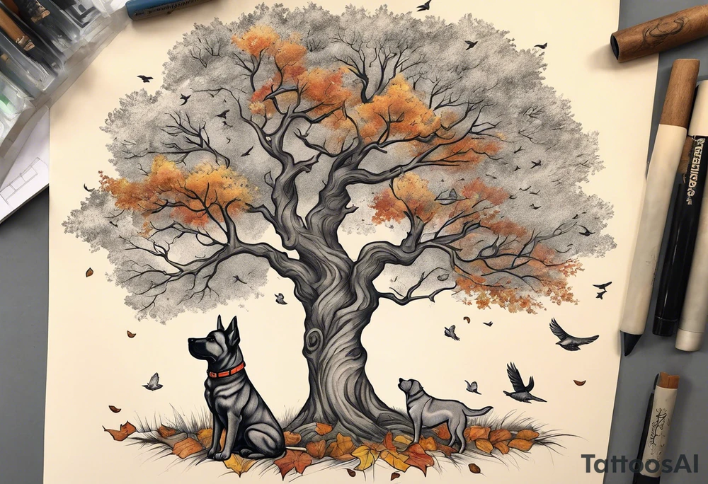 Autumn tree with a medium size grey brindle dog sitting under it and to the right facing it looking up and birds flying from the top right of the tree far view and full tree tattoo idea