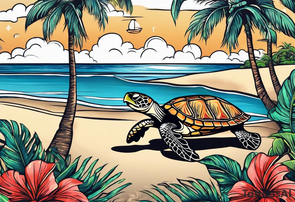 Sea turtle Beach tropical palm trees tattoo idea