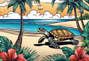Sea turtle Beach tropical palm trees tattoo idea