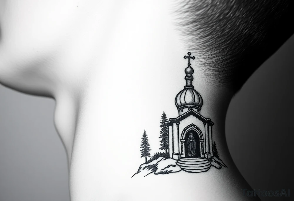 russian design traditional christian orthodox cross with a virgin mary stood beside the entrance of a russian orthodox dome church on the side of the neck in a wilderness setting with the design spread out the side of the neck tattoo idea
