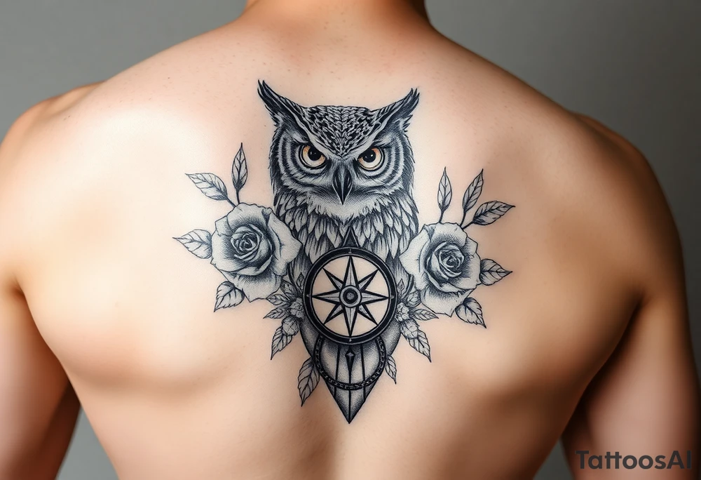 an owl,roses,compass. tattoo idea