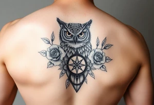 an owl,roses,compass. tattoo idea