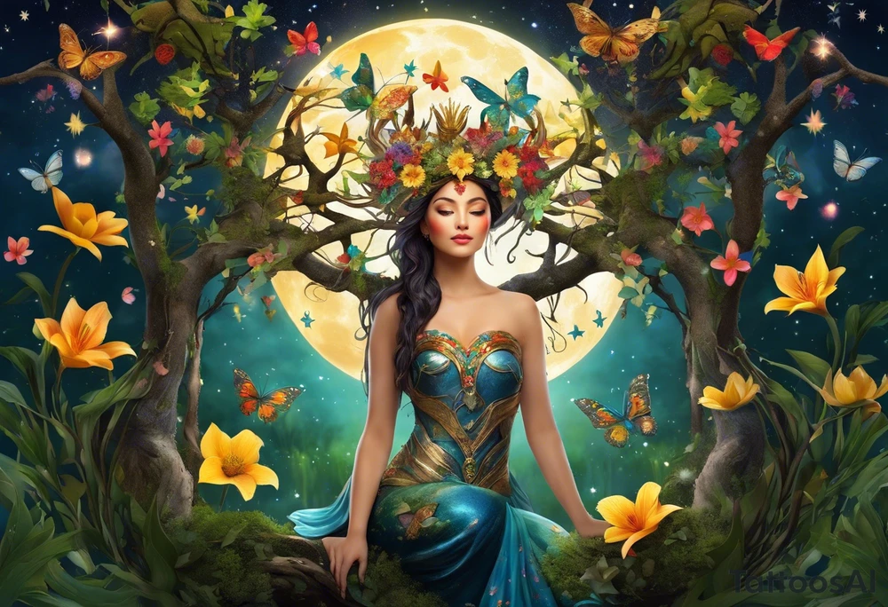 Beautiful woman made of tree, branches, and leaves. She is wearing a crown made of butterflies and has a pond and lilies near her feet with colorful vegetation. She is holding her arms upright and has her hands cupped above her head. Above her hands she has the moon, stars, and sun. The moon, stars, and sun have a flower accent. tattoo idea