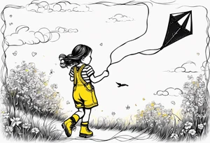 a little girl flying a kite, holding the hand of a teddy bear in yellow overalls and roller skates and the words "Go Fly A Kite" spelled out in the kite strings tattoo idea