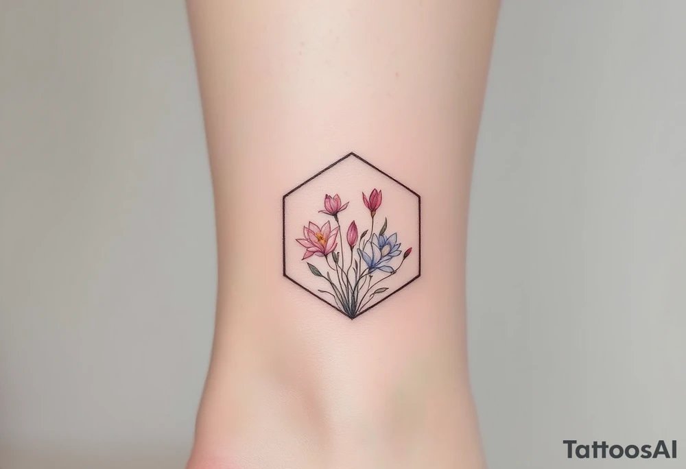 Faint Hexagon with Leo, larkspur and water lilies in the center tattoo idea