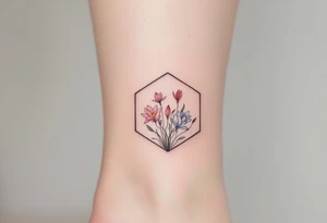 Faint Hexagon with Leo, larkspur and water lilies in the center tattoo idea