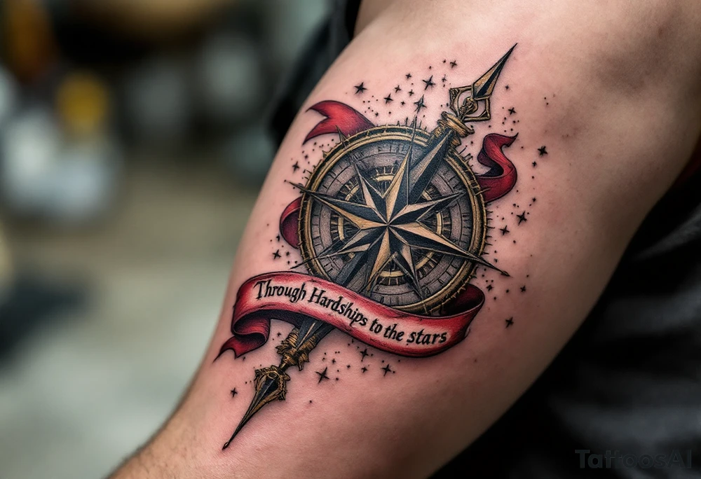 Wrapped in a crimson banner, the phrase “Through Hardships to the stars” winds around a black-inked compass rose. tattoo idea