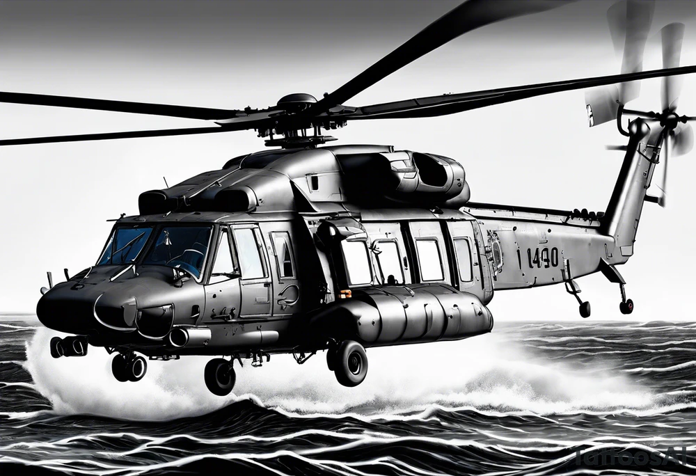 canadian military grey helicopter cyclone CH-148, a helicopter flying over rough water, Clear sky, sunset
, military art, ocean specular, highly detailed background, tattoo idea