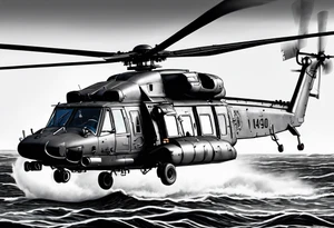 canadian military grey helicopter cyclone CH-148, a helicopter flying over rough water, Clear sky, sunset
, military art, ocean specular, highly detailed background, tattoo idea