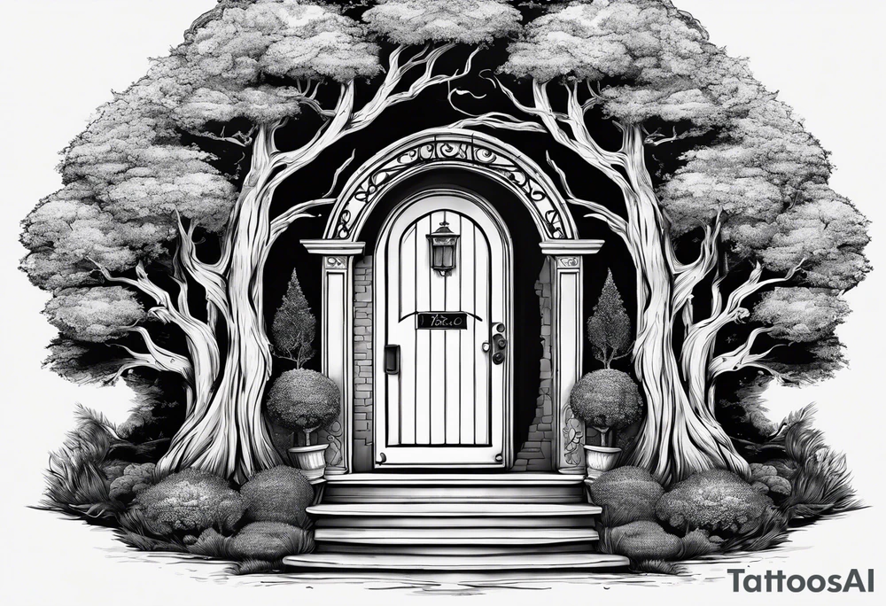 Bilbo baggins front door with steps and tree. With the words The road goes ever on and on tattoo idea