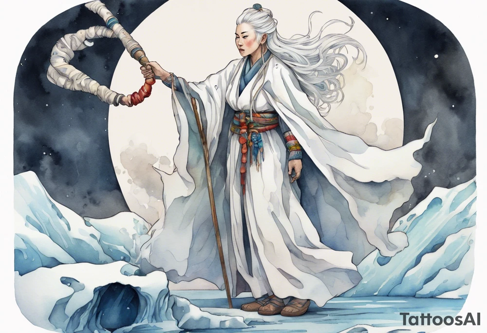 a 40 year old Sami woman with white hair and a white robe holding a unicorn horn staff, standing on an iceberg tattoo idea