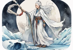 a 40 year old Sami woman with white hair and a white robe holding a unicorn horn staff, standing on an iceberg tattoo idea