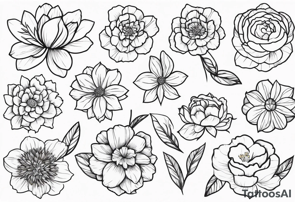 make me a flower design tattoo, that has 8 flowers peony, carnation, daffodil, daphne, dahlia, desiree, daisy and rose tattoo idea