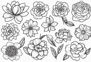 make me a flower design tattoo, that has 8 flowers peony, carnation, daffodil, daphne, dahlia, desiree, daisy and rose tattoo idea