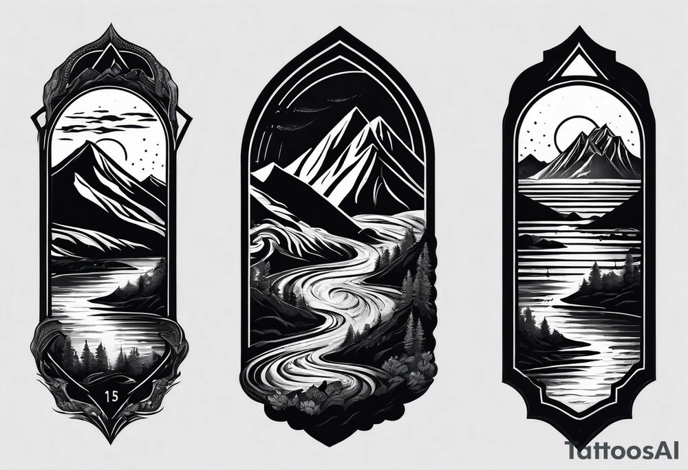 This is a tattoo that is split into 2 sections. The top half is a mountain in Norway with a mountain bike trail winding down the mountain. The bottom half of the tattoo depicts an underwater scene featuring water, and sea life. tattoo idea