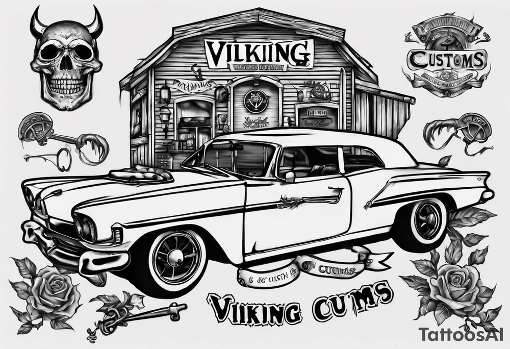 I want a tattoo of an old vintage classic car shop and a skeleton in the back with the name “Viking Customs” incorporated in the design tattoo idea