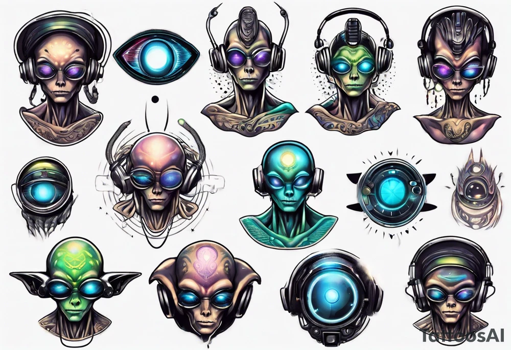 An alien DJ with a glowing third eye tattoo idea