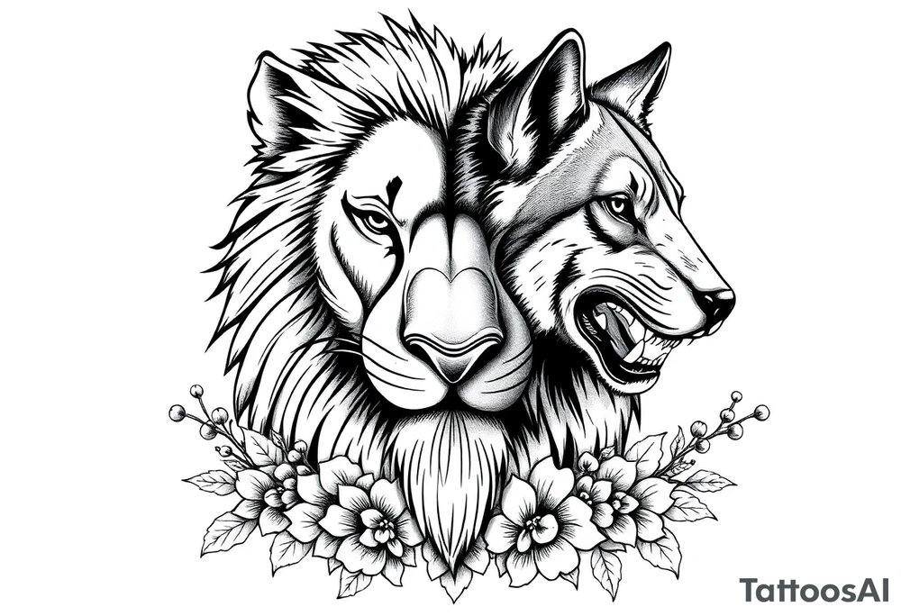 Half powerful majestic lion but half wolf forward facing representing protection floral brambles surrounded tattoo idea