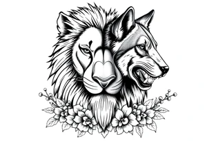 Half powerful majestic lion but half wolf forward facing representing protection floral brambles surrounded tattoo idea