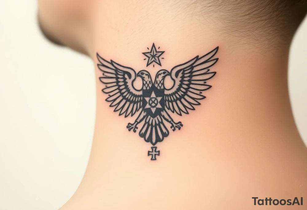 Double-headed eagle outline only (no shading) — suits neck skin which ages differently
Star above, small orthodox cross below tattoo idea