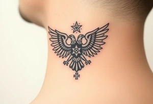 Double-headed eagle outline only (no shading) — suits neck skin which ages differently
Star above, small orthodox cross below tattoo idea